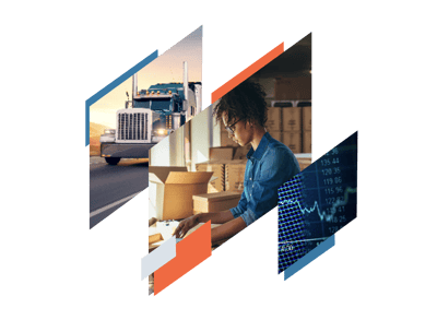 Split-screen graphic featuring a big rig, a female shipping manager and market prices Split-screen graphic featuring a big rig, a female shipping manager and market prices